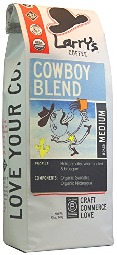 Larry’s Beans Fair Trade Organic Coffee, Cowboy Blend, Whole Bean, 12-Ounce Bags (Pack of 3)