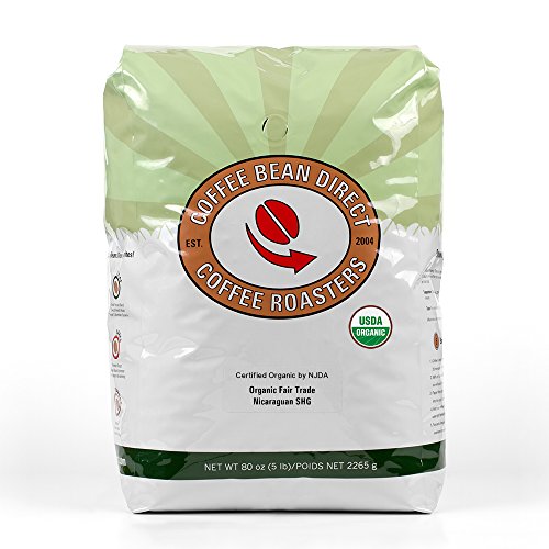 Coffee Bean Direct Nicaraguan, Shade Grown Organic Fair Trade Whole Bean Coffee, 5-Pound Bag