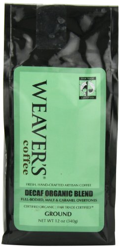 Weaver’s Coffee, Decaf Organic Blend Ground Coffee, Full-bodied Malt & Caramel Overtones, 12 Ounce Bag