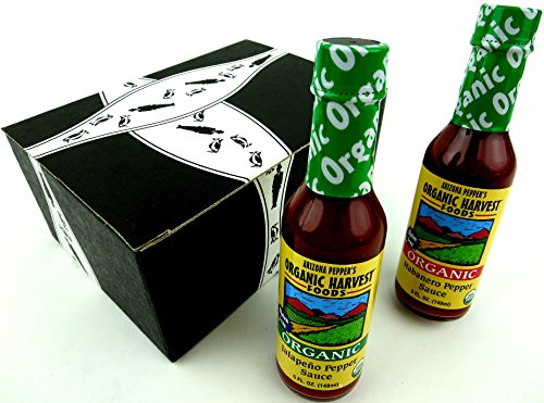 Arizona Pepper’s Organic Harvest Foods Gluten Free Sauces 2-Flavor Variety: One 5 oz Bottle Each of Jalapeño Pepper Sauce and Habanero Pepper Sauce in a Gift Box