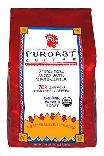 Puroast Low Acid Coffee Organic French Roast Whole Bean, 5-Pound Bag