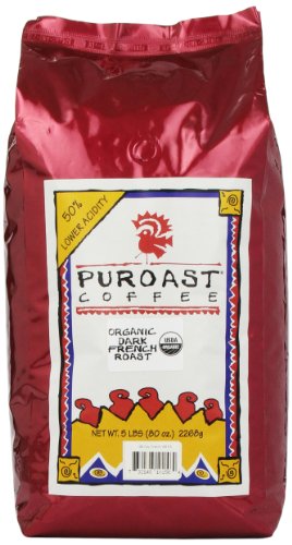 Puroast Low Acid Coffee Organic French Roast Whole Bean, 5 Pound Bag